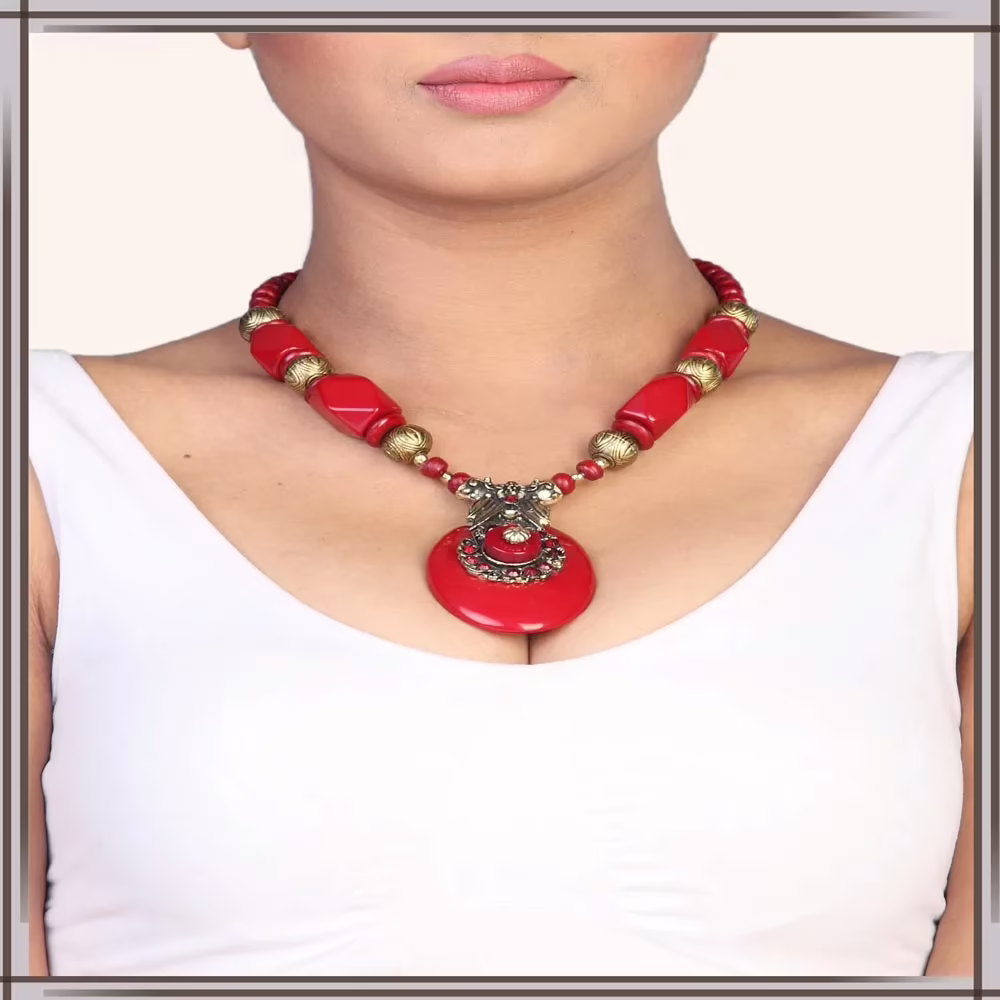 Pazaar Golden & Rose-madder Red Metal Festival Necklace