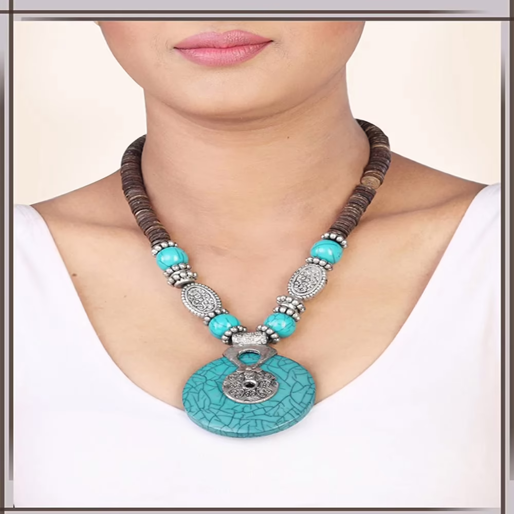 Pazaar Silver & Turquoise Blue Metal Festival Necklace