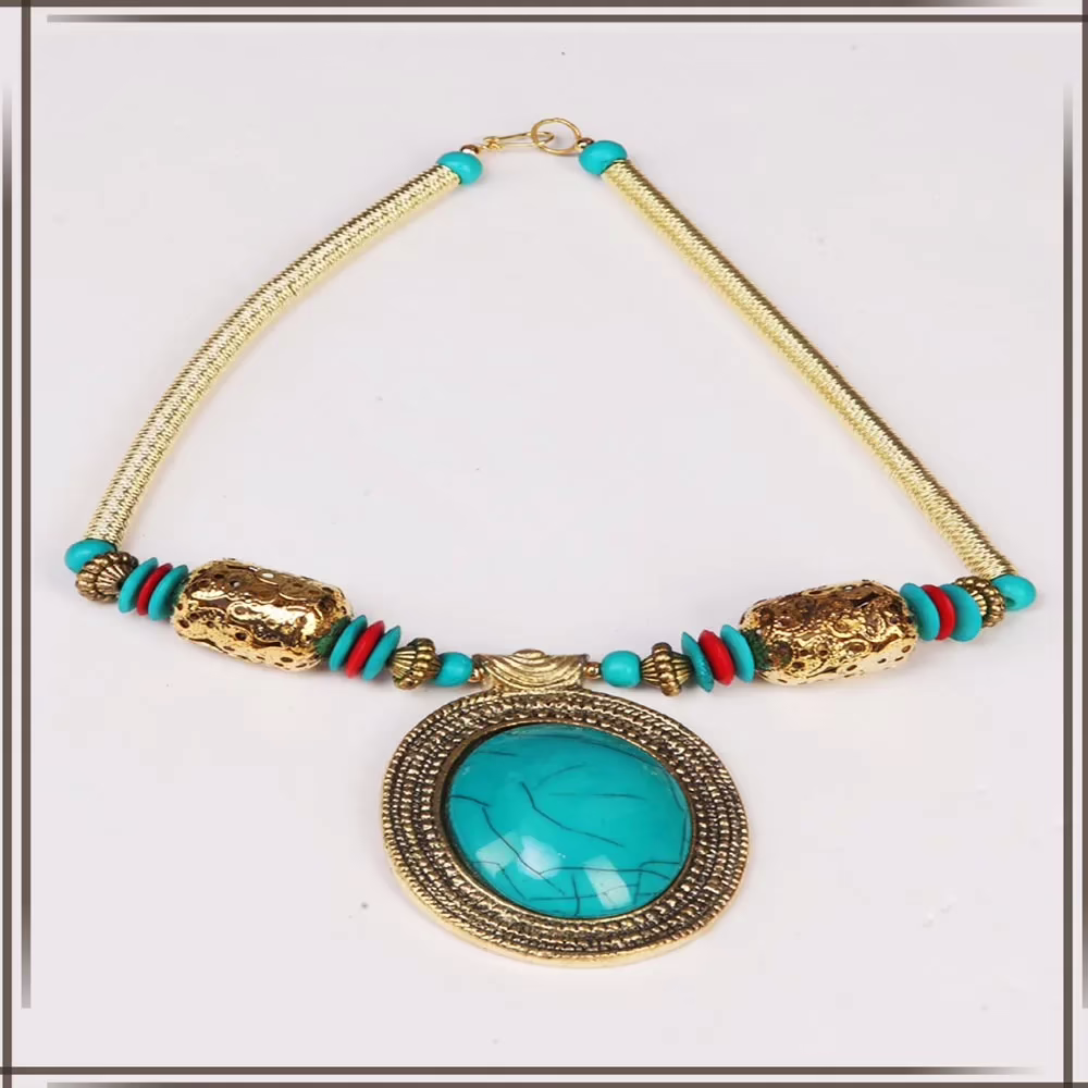 Pazaar Golden & Cyan Blue Metal Festival Necklace - Image 2