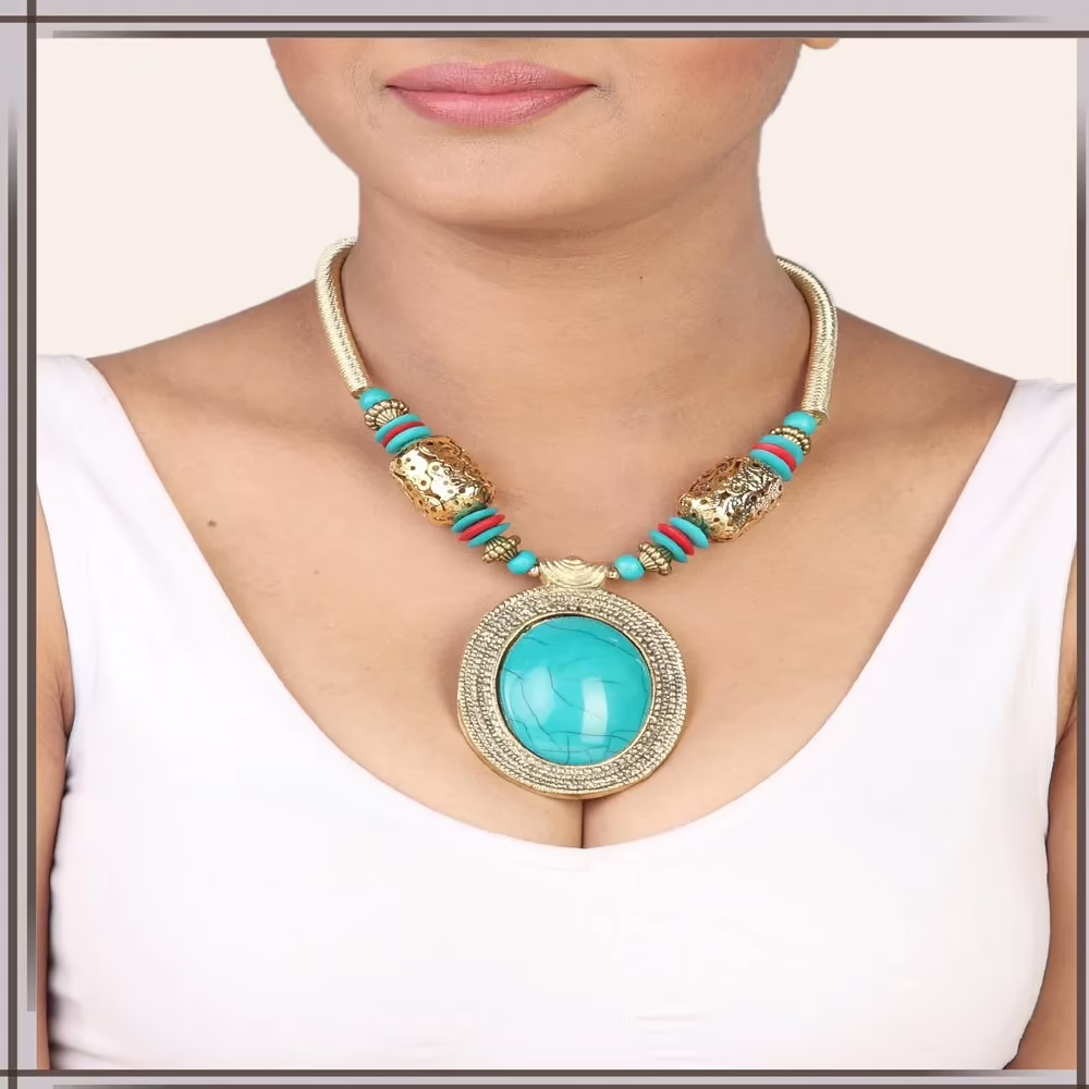 Pazaar Golden & Cyan Blue Metal Festival Necklace