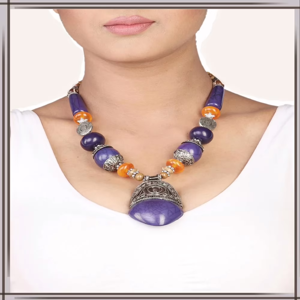 Pazaar Amethyst Violet & Gray Metal Festival Necklace