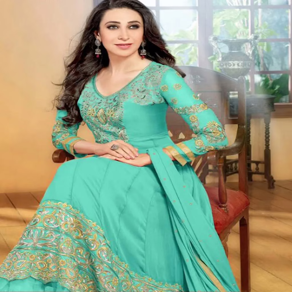 F3 Fashion Sea Green & Light brown Shaded Embroidered Long Anarkali Suit - Image 2