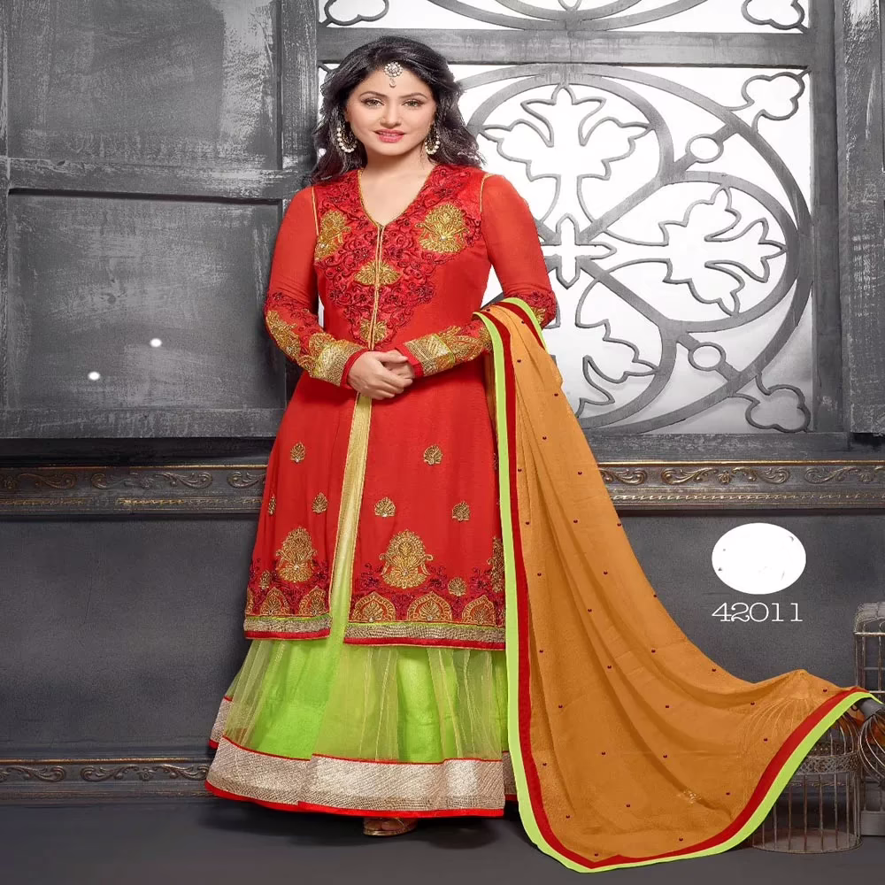 F3 Fashion Kesari Georgette Light Green Net Shaded Embroidered Long Anarkali Suit