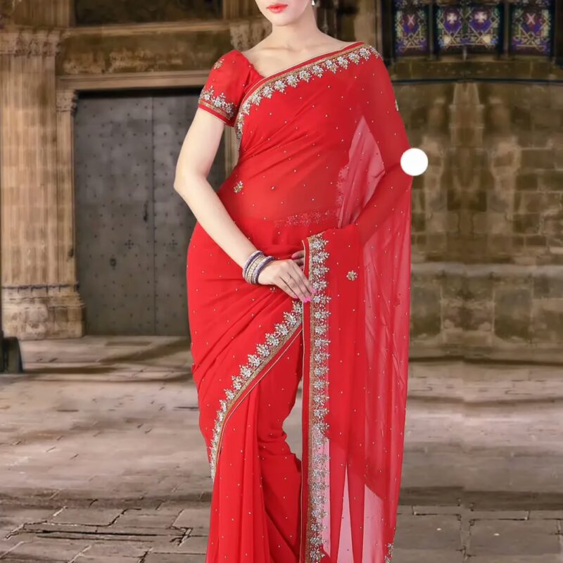 Pazaar Rose-Madder Red Embroidered Party Saree With Zari Thread
