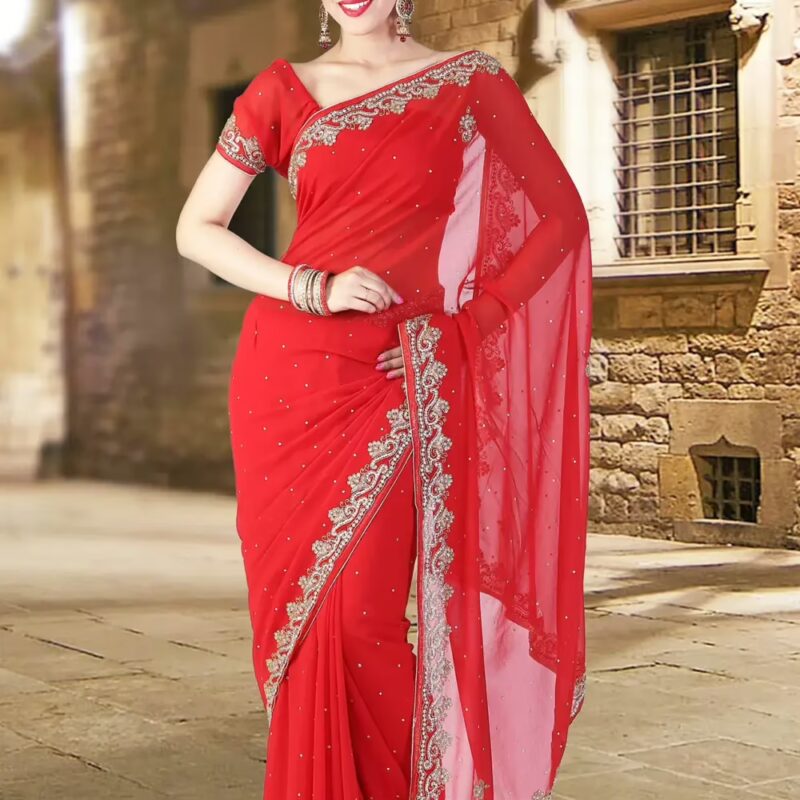 Pazaar Rose-Madder Red Embroidered Party Saree With Zari Thread