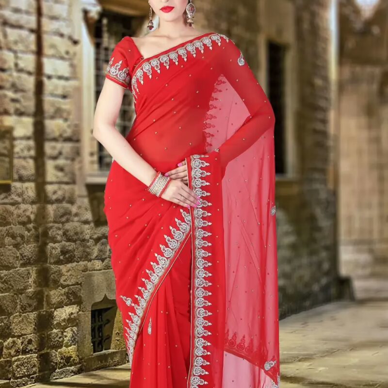 Pazaar Rose-Madder  Red Embroidered Party Saree With Zari Thread