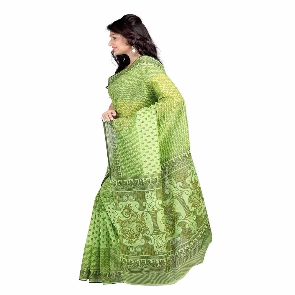 Lookslady Printed Green & Brown Cotton Saree - Image 2