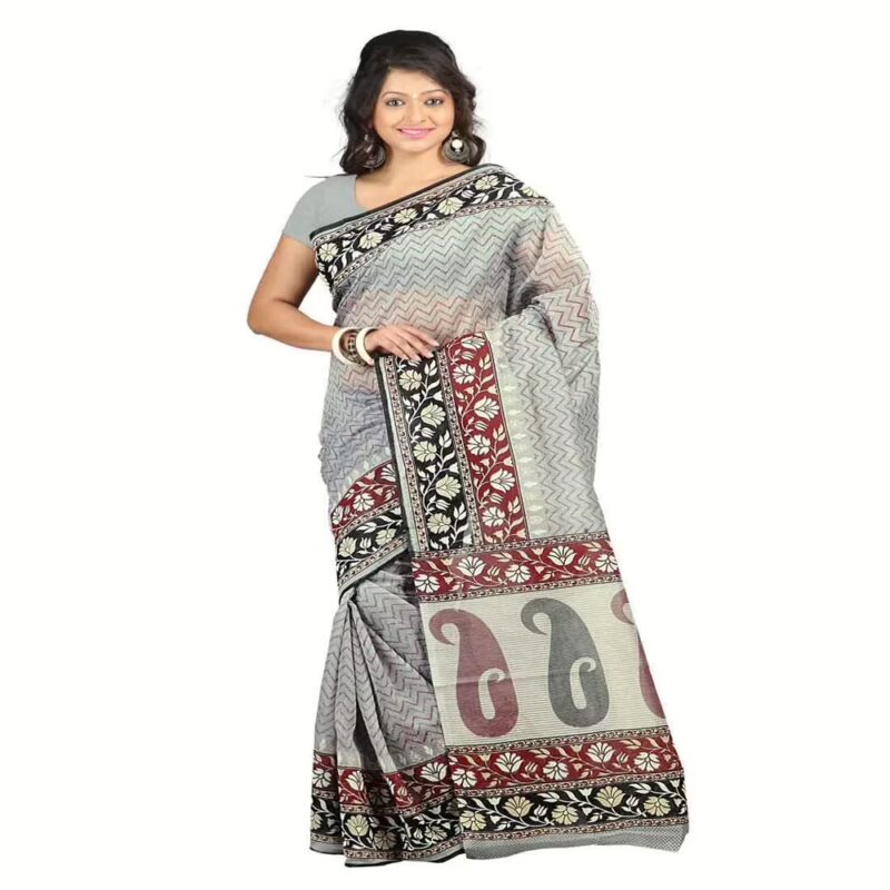 Lookslady Printed Grey & Maroon Cotton Saree