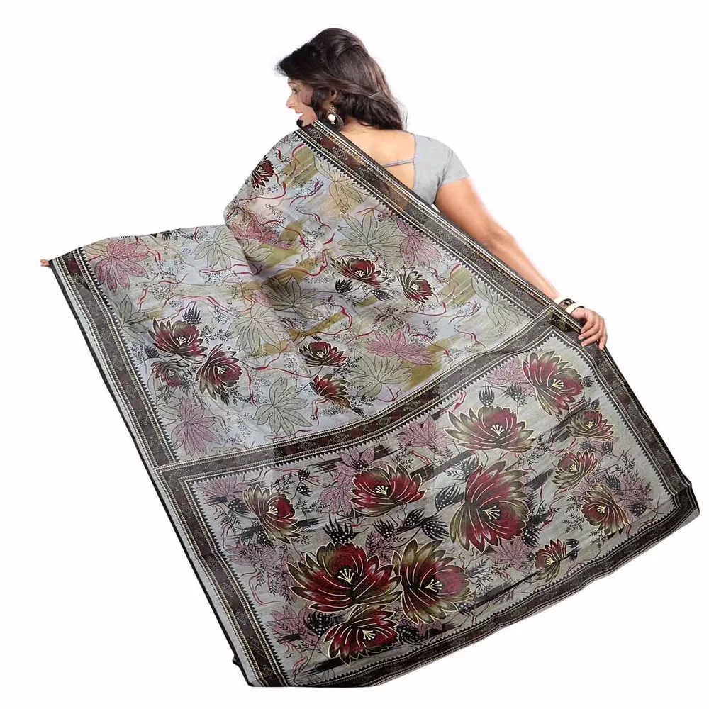 Lookslady Printed Grey & Beige Cotton Saree - Image 2