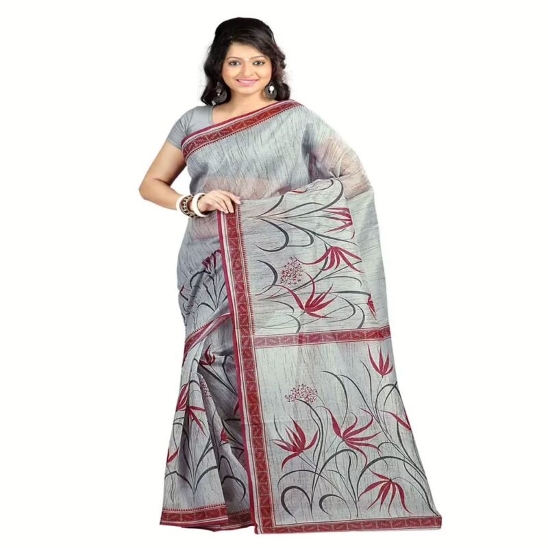 Lookslady Printed Grey & Maroon Cotton Saree
