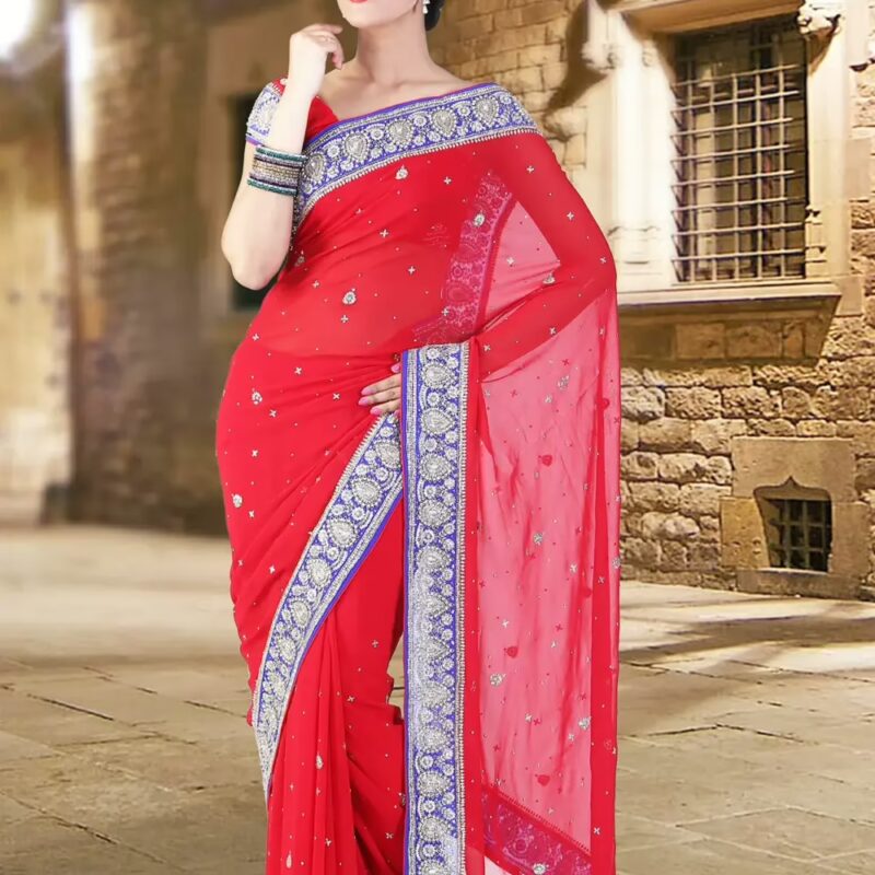 Pazaar Venetian Red Embroidered Party Saree With Zari Thread