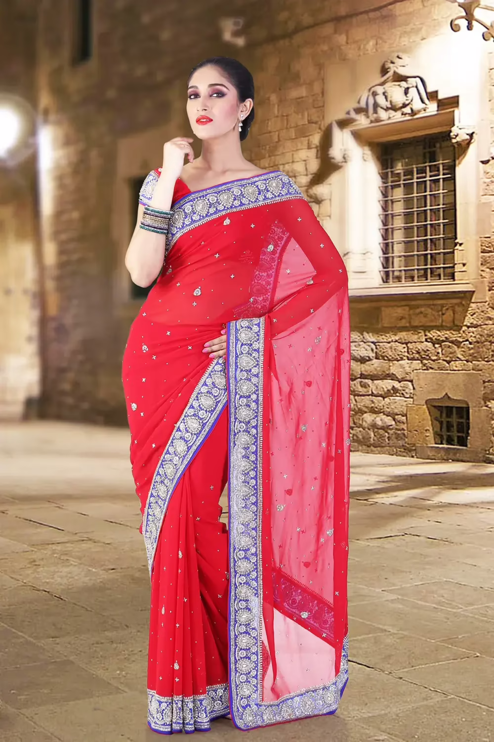 Pazaar Venetian Red Embroidered Party Saree With Zari Thread