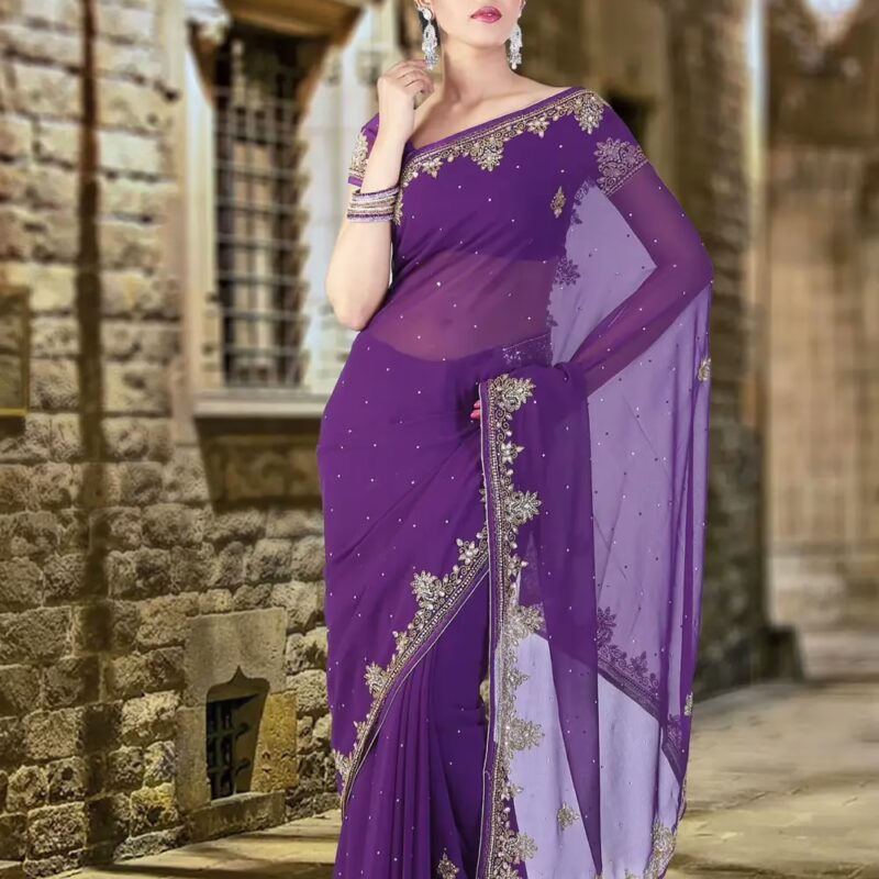 Pazaar Persian-Indigo Violet Embroidered Party Saree With Zari Thread