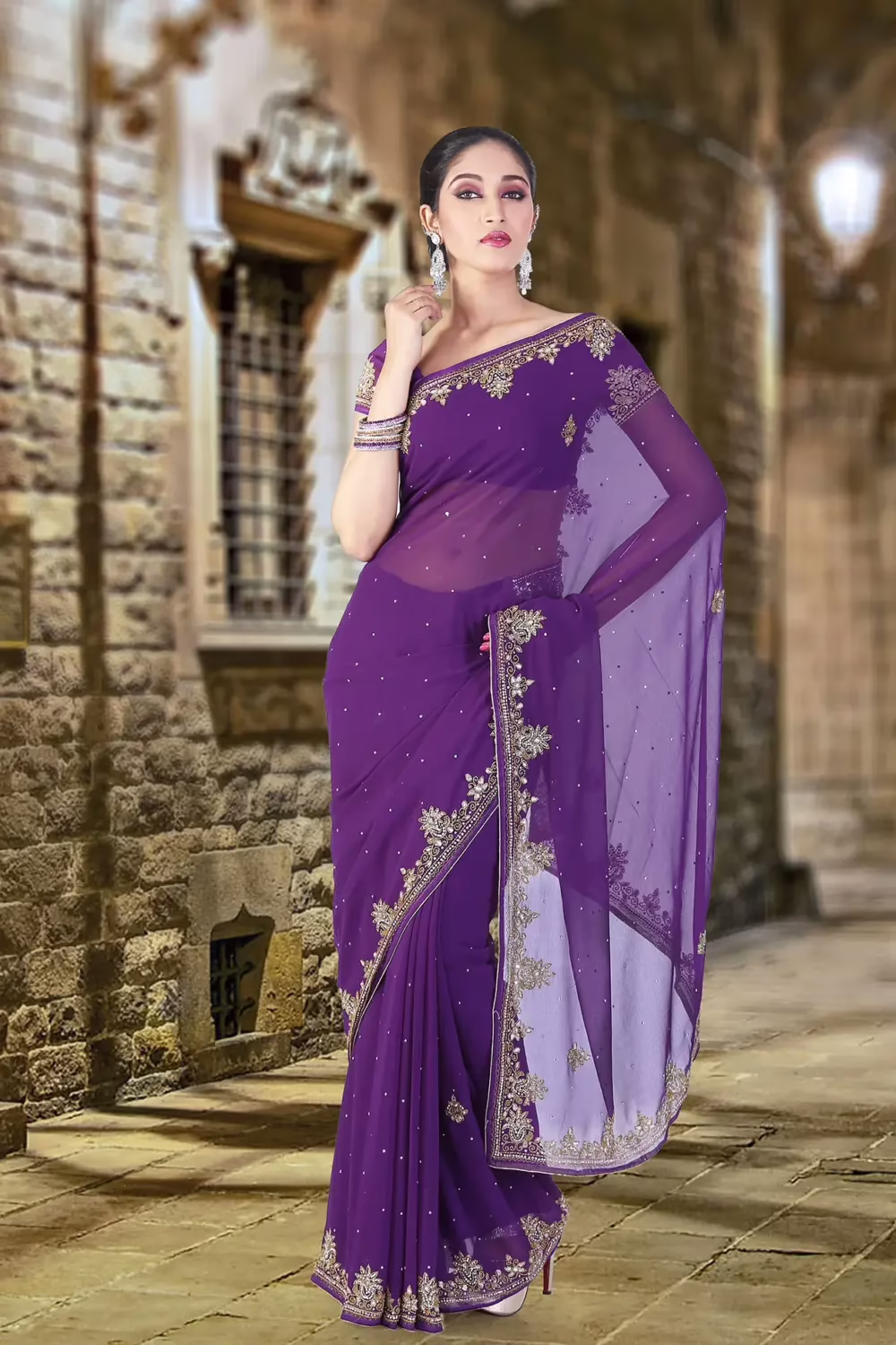 Pazaar Persian-Indigo Violet Embroidered Party Saree With Zari Thread