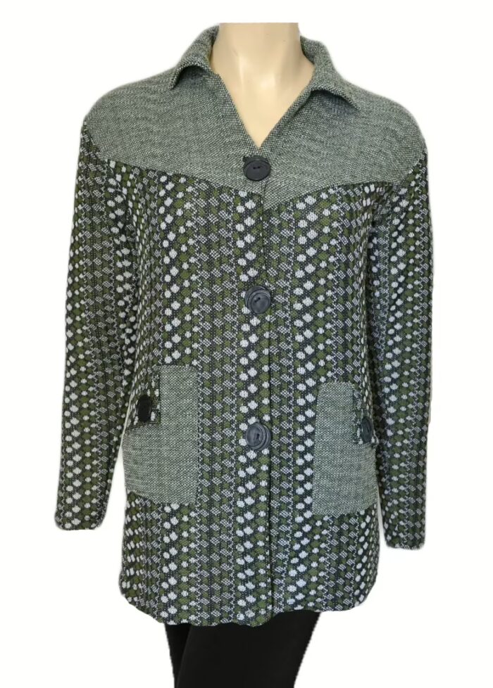 Stylish Grey Vertical Print Collared Front Buttoned Woolen Coat
