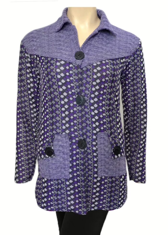 Elegant Purple Vertical Print Collared Front Buttoned Woolen Coat