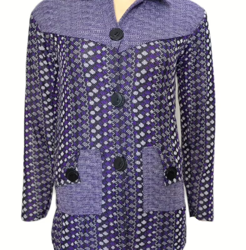 Elegant Purple Vertical Print Collared Front Buttoned Woolen Coat