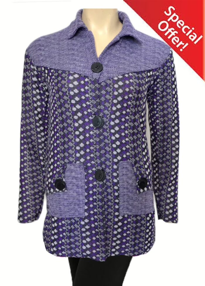Elegant Purple Vertical Print Collared Front Buttoned Woolen Coat With Warm Legging Special Offer
