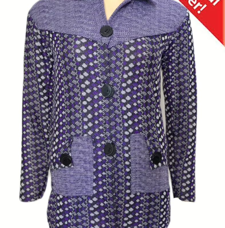 Elegant Purple Vertical Print Collared Front Buttoned Woolen Coat With Warm Legging Special Offer