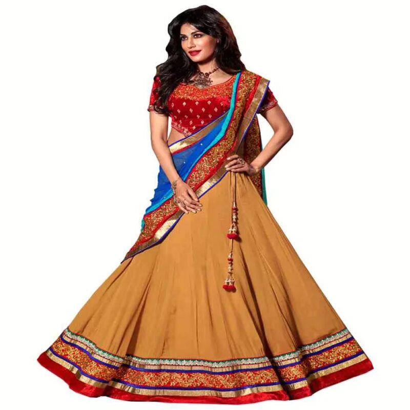 F3 Fashion Light Coffee Red Lehanga With Blue Velvet Shaded