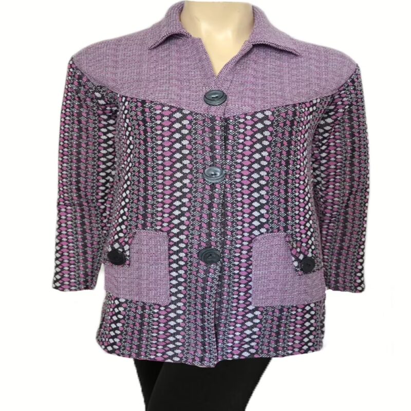 Light Purple Vertical Print Collared Front Buttoned Woolen Coat