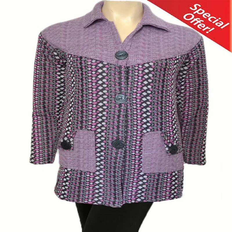 Light Purple Vertical Print Collared Front Buttoned Woolen Coat With Warm Legging Special Offer