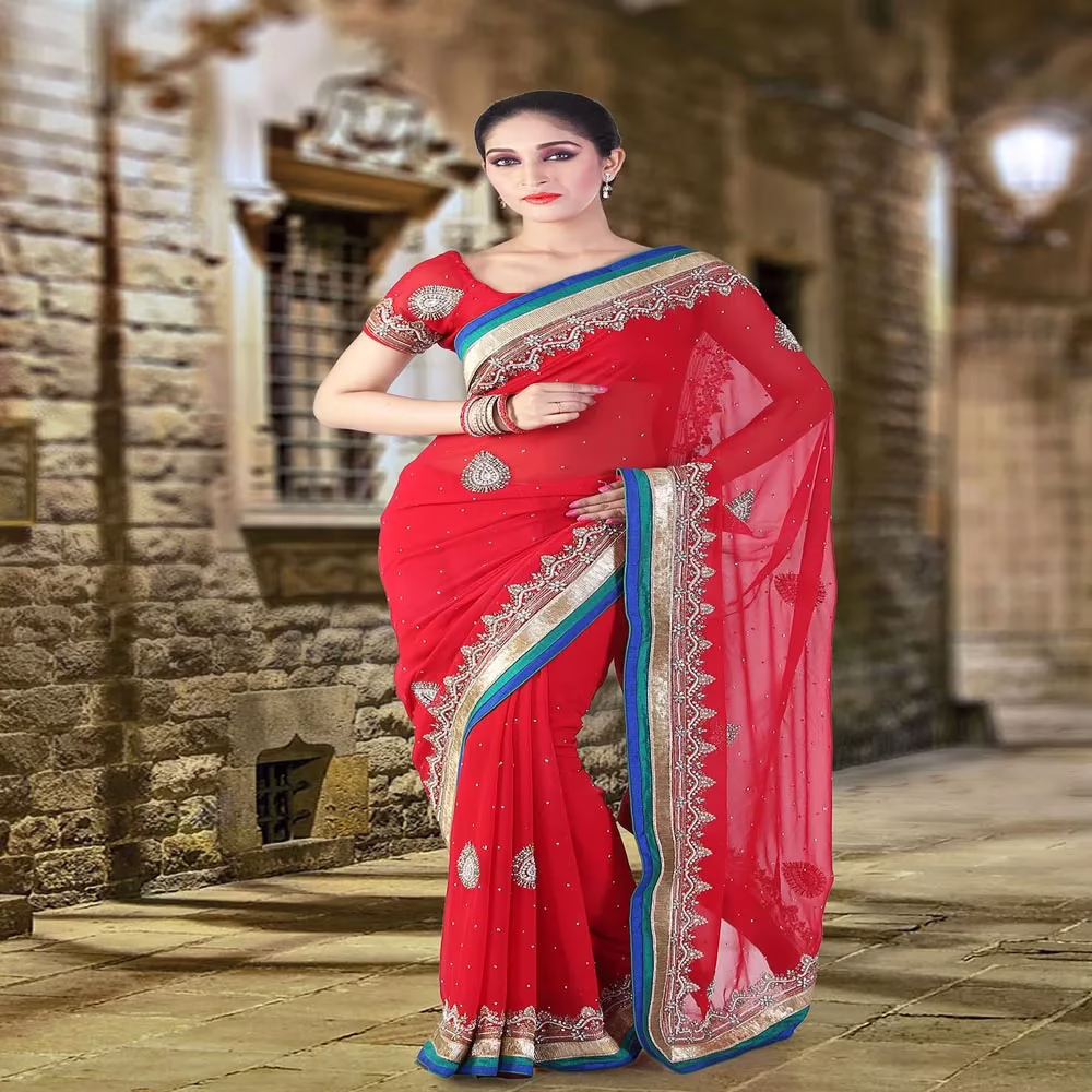 Pazaar Rose-madder Red Embroidered Party Saree With Zari Thread