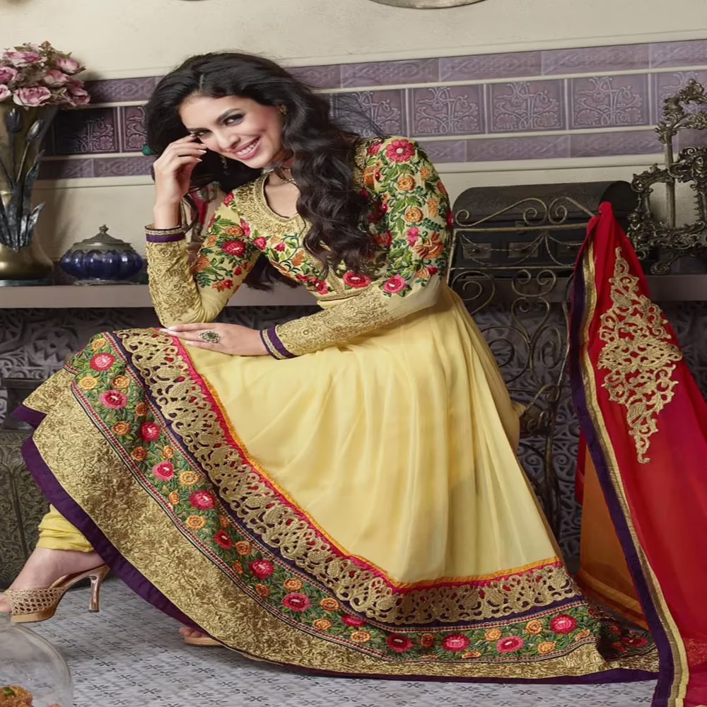 F3 Fashion Light Yellow With Multiple Color Anarkali Suit