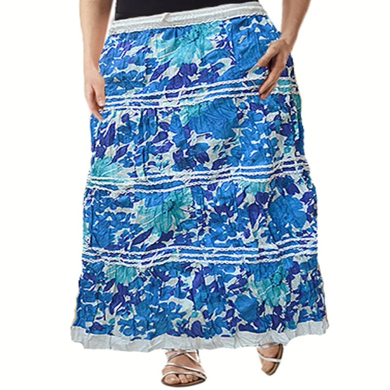Stylish Blue Floral Print Off White Ankle Length Skirt