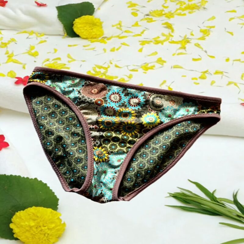 Adorable Green Floral Print Brown Edge Brief Size M-L