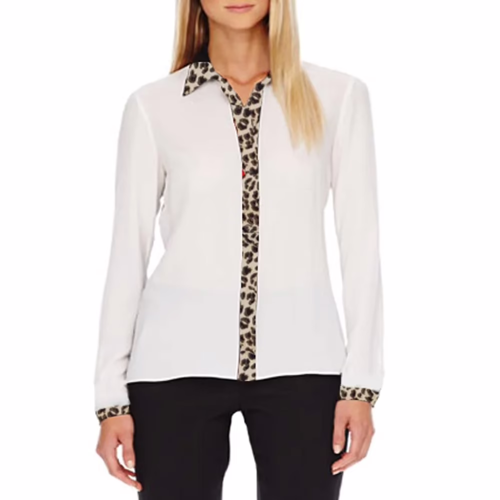 Animal Print Collar Panel & Cuffs Sheer White Shirt