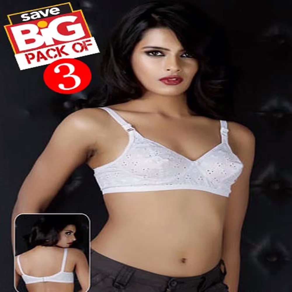 Awesome White Chicken Work Cotton Plus Size 38,40 Bra Pack Of 3 - Image 2