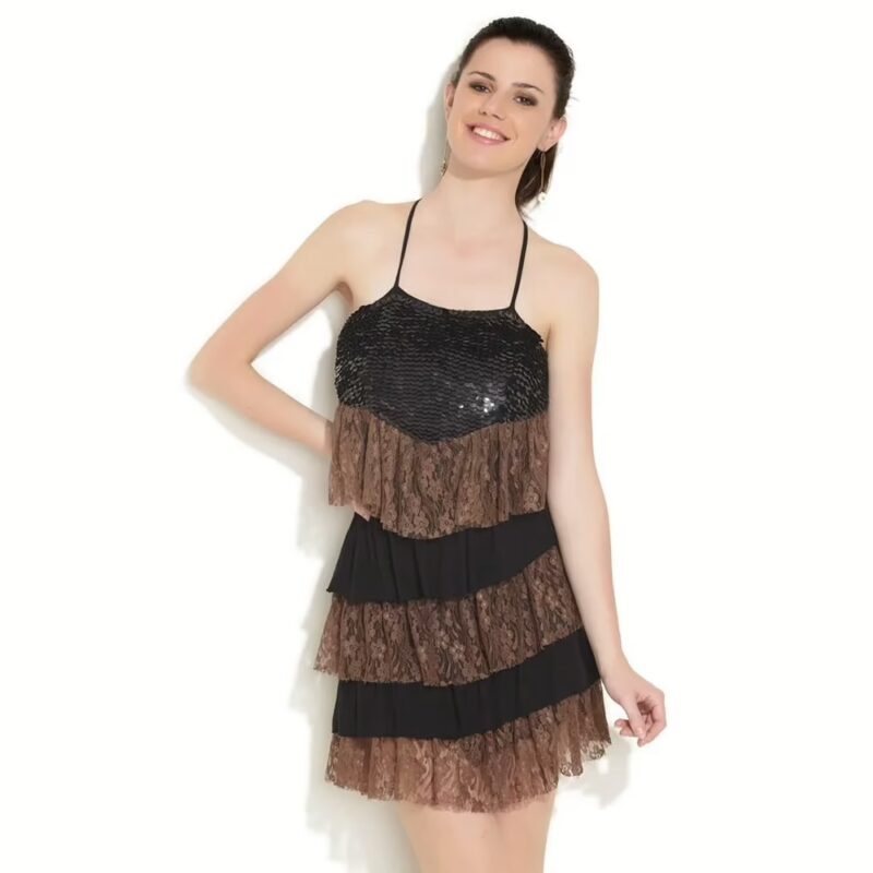 Remanika Black & Brown Sequin Floral Lace Dress