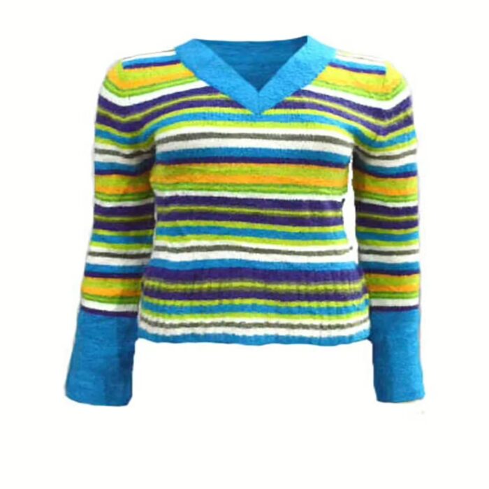 Bamboo Women Knitted V-Neck multi stripe Sweater