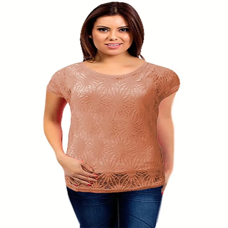 Beige Short Sleeves Round Neck Crochet Top