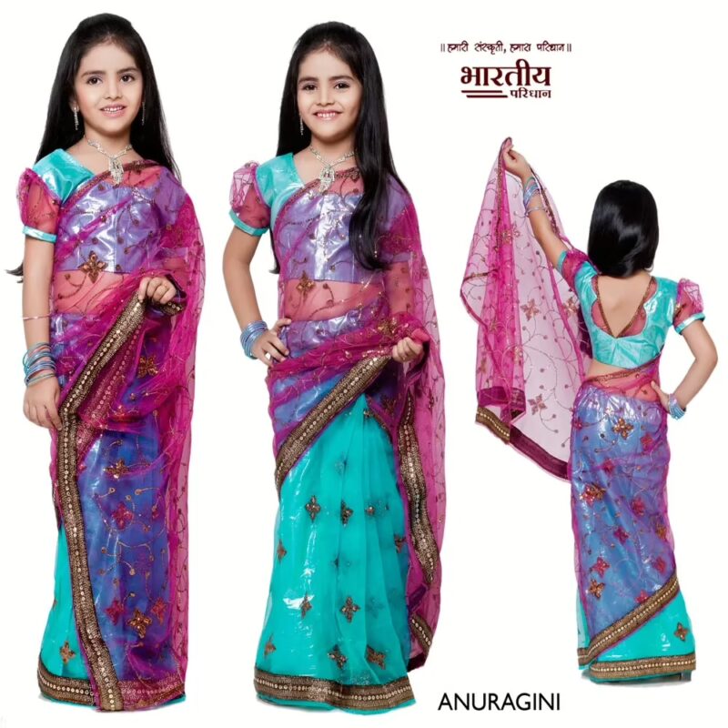 Bhartiya Paridhan-Anuragini Sky Blue and Pink Net and Shimmer Half and Half Ready made Saree (2-11 Years)