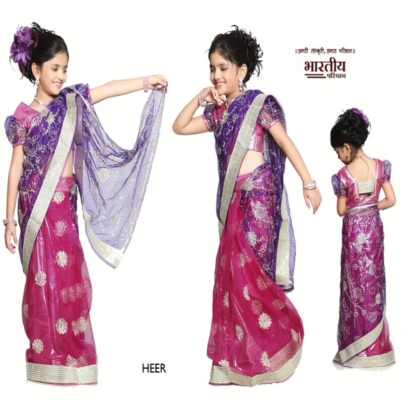 Bhartiya Paridhan - Heer Pink and Purple Net and Shimmer Half and Half Ready made Saree (2-11 Years)