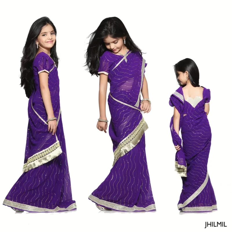 Bhartiya Paridhan-Jhilmil Violet Chiffon Ready Made Saree (2-11 Years)
