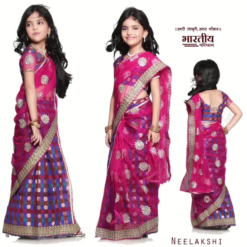 Bhartiya Paridhan-Neelakshi Pink & Purple Net and Shimmer Half Ready made Saree (2-11 Years)