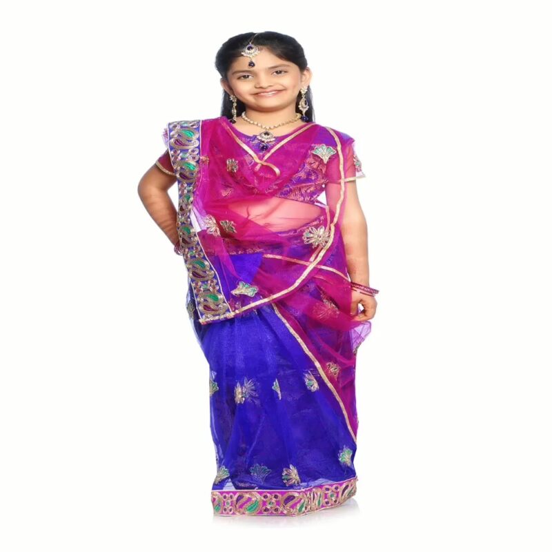 Bhartiya Paridhan -Net Pre Stitched Embroidered Laced Blue Rani Saree(2-11 Years)