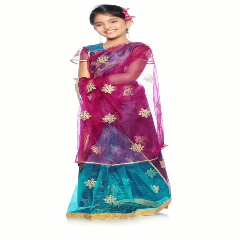 Bhartiya Paridhan -Net Pre Stitched Embroidered Laced Firozi Rani Saree(2-11 Years)