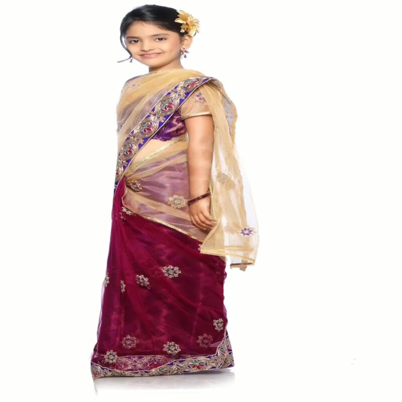 Bhartiya Paridhan -Net Pre Stitched Embroidered Laced Maroon Cream Saree(2-11 Years)