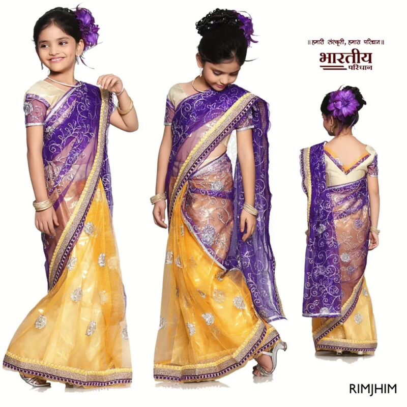 Bhartiya Paridhan-RIMJHIM Yellow & Purple Net and Shimmer Half Ready made Saree (2-11 Years)