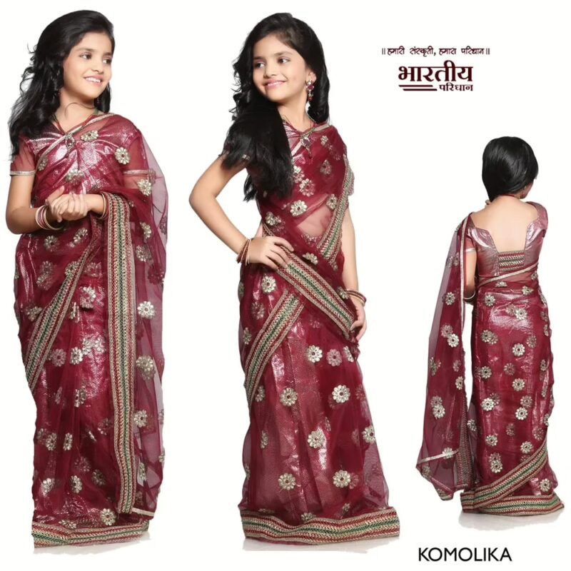 Bhartiya Paridhan - Komolika Maroon Net and Shimmer Half Ready made Saree (2-11 Years)