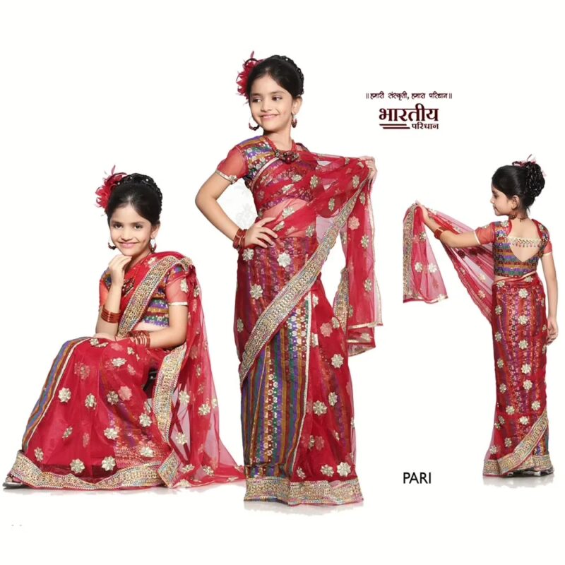 Bhartiya Paridhan - Red Net and Shimmer Half Ready made Saree (2-11 Years)