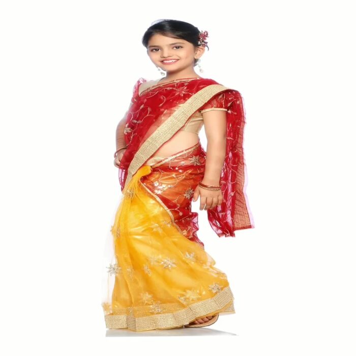 Bhartiya Paridhan -Net Pre Stitched Embroidered Laced Yellow Red Saree(2-11 Years)