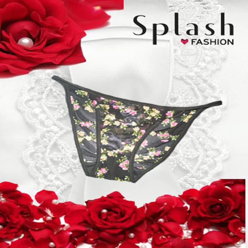 Black Floral Print Sheer Bikini Brief