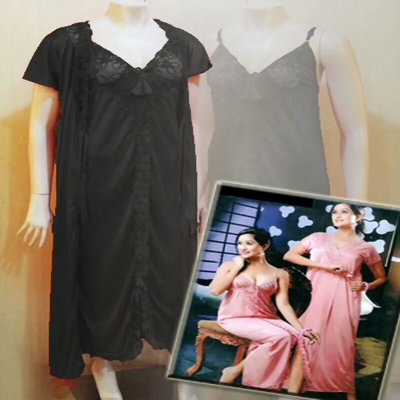 Black Front Frill 2 Piece Lacy Long Nighty Robe Set