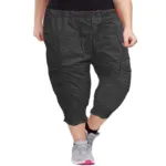 Black Front Patch Button Design Elastic Bottom Capri