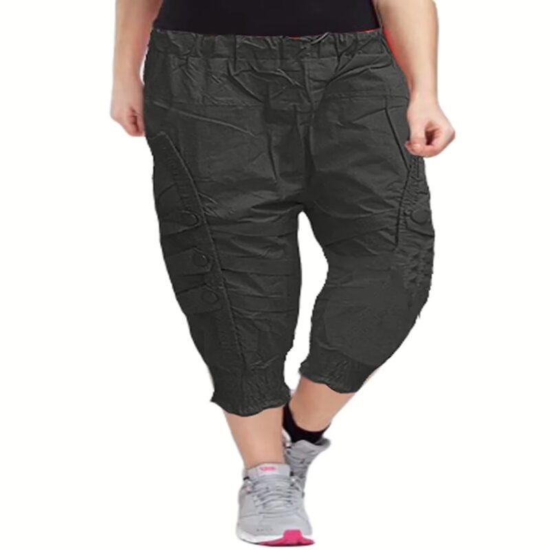 Black Front Patch Button Design Elastic Bottom Capri